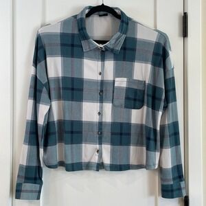 Rue21+ Womens Shirt 2X Oversized Plaid Crop STRETCH‎ Cowboy COUNTRY  Teal Cream